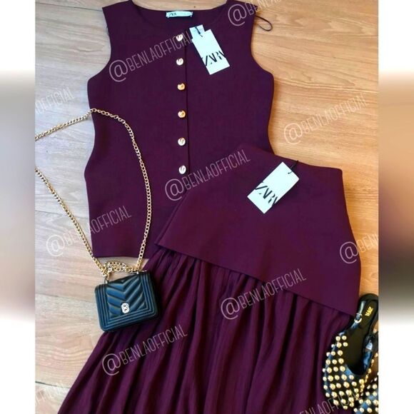 NWT ZARA ZARA NWT WOMAN MIXED PLEATED KNIT SKIRT Burgundy - Picture 1 of 15